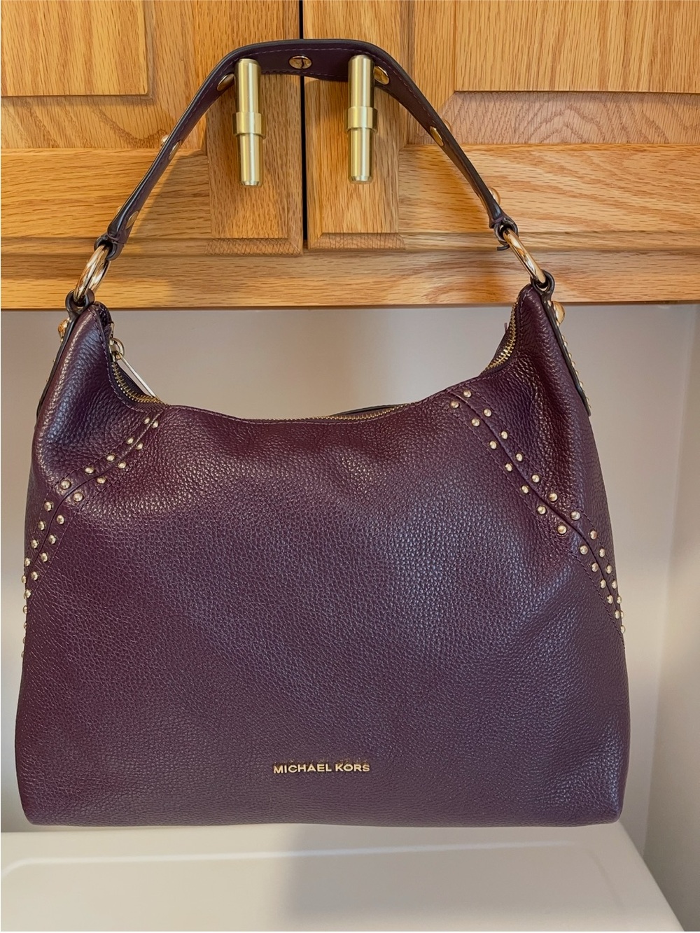 MICHAEL KORS Deep Plum Pebbled Leather Shoulder Hobo with Gold Studs